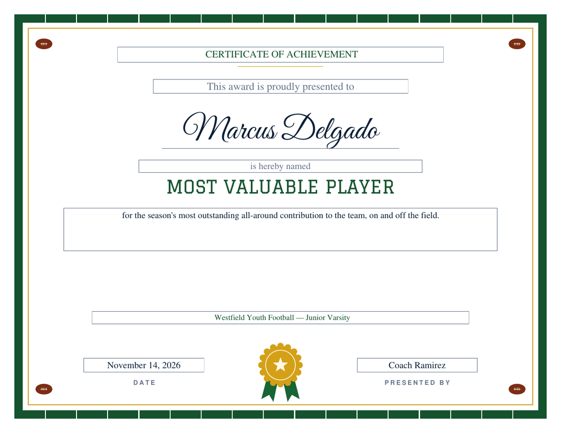 Most Valuable Player football certificate for Marcus Delgado on the Gridiron design, field-green band with white yard ticks and corner footballs, gold rosette seal