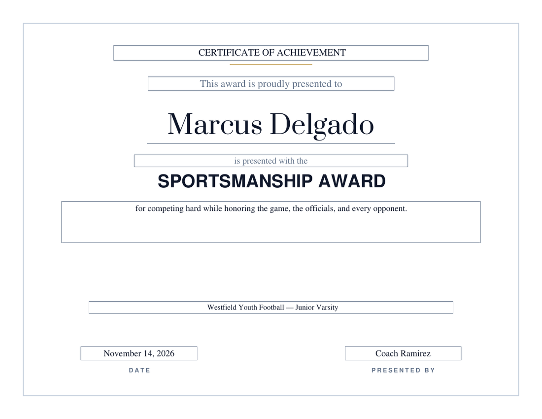 Sportsmanship Award football certificate for Marcus Delgado on the Modern design, thin grey hairline frame with no seal, serif name and bold sans-serif title