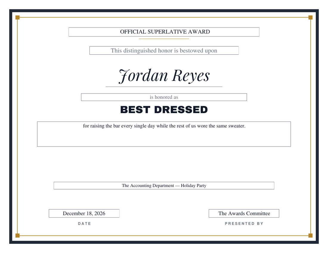 Best Dressed superlative certificate in the Bold design, heavyweight charcoal frame with a gold hairline, italic serif name for Jordan Reyes and block-capital title