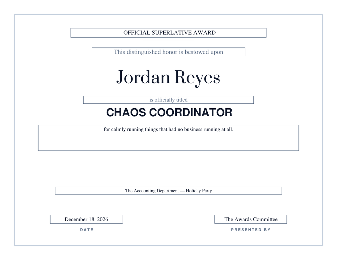 Chaos Coordinator superlative certificate on the Modern design, thin grey hairline frame, serif name and bold sans-serif title, no seal