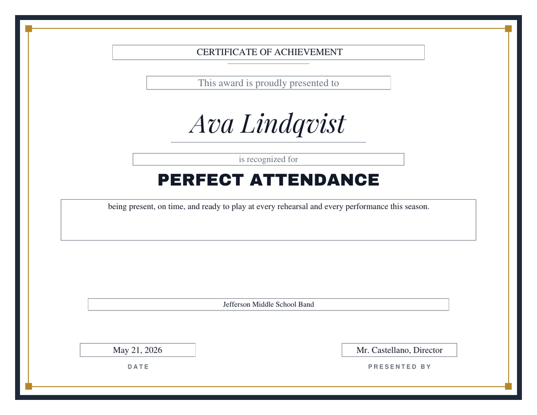 Perfect Attendance certificate for Ava Lindqvist in the Bold design, heavyweight charcoal frame with a gold hairline and square corners, italic serif name and block-capital title