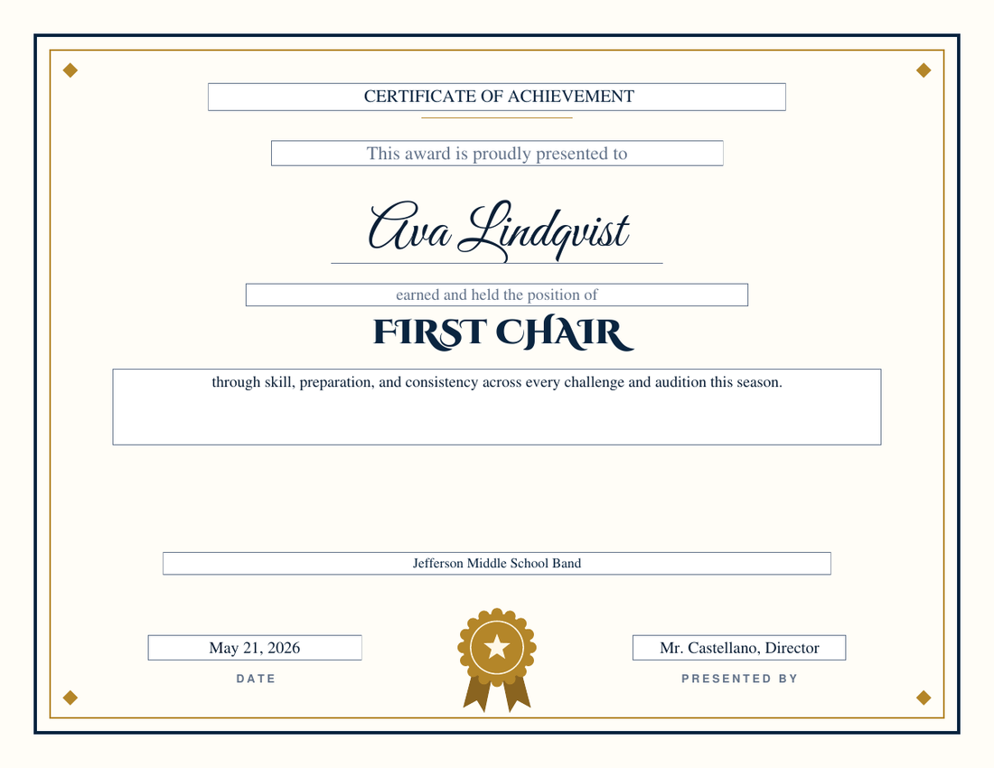 First Chair certificate for Ava Lindqvist on the Classic design, navy and gold double rule with diamond corners, gold rosette seal, decorative engraved capitals and script name