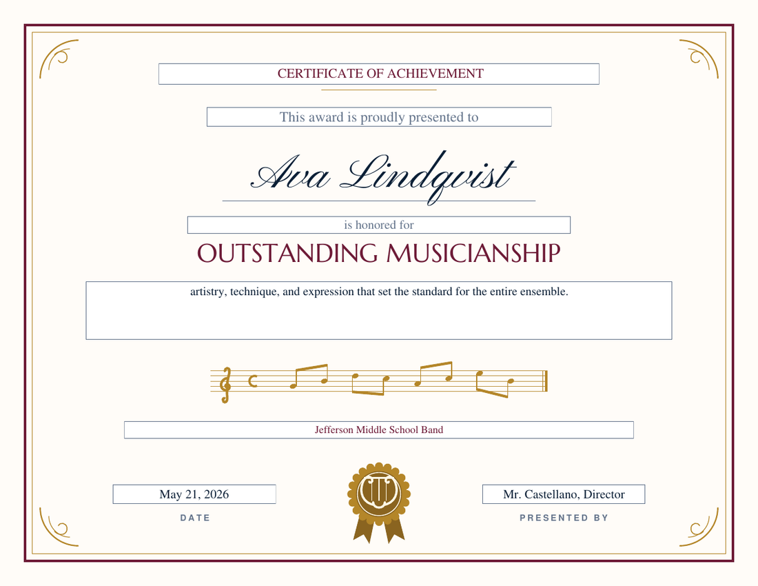 Outstanding Musicianship certificate for Ava Lindqvist on the Concert design, burgundy and gold frame with filigree corners, an engraved music staff and a lyre medallion