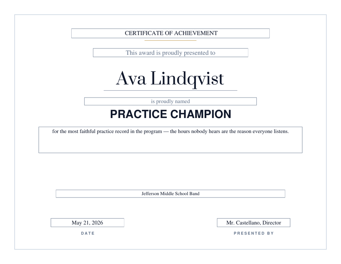 Practice Champion certificate for Ava Lindqvist on the Modern design, thin grey hairline frame with no seal, serif name and bold sans-serif award title