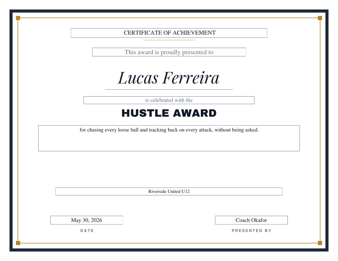 Hustle Award soccer certificate in the Bold design, heavyweight charcoal frame with a gold hairline and square corners, italic serif name for Lucas Ferreira and block-capital award title