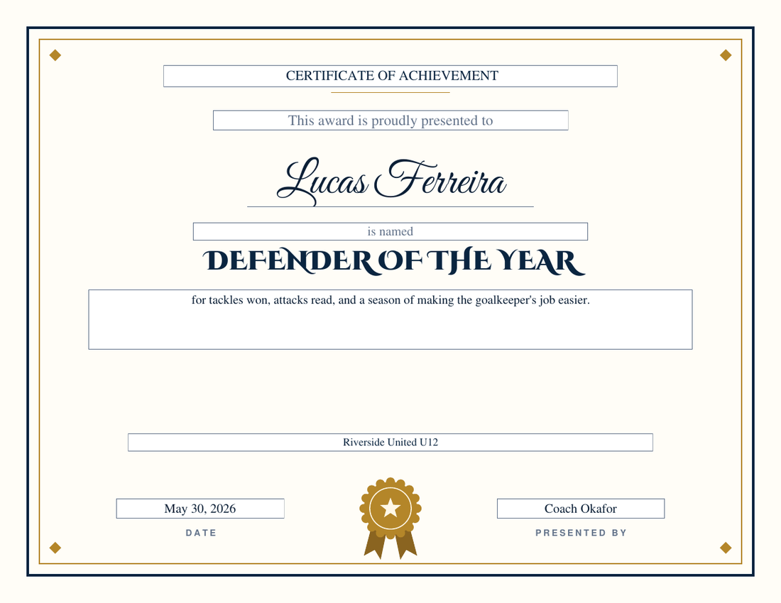 Defender of the Year soccer certificate for Lucas Ferreira on the Classic design, navy and gold double rule with diamond corners, gold rosette seal, script name and engraved-style capitals