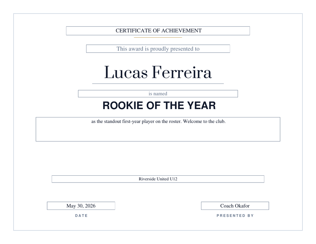 Rookie of the Year soccer certificate on the Modern design, thin grey hairline frame with no seal, serif name for Lucas Ferreira and a bold sans-serif award title