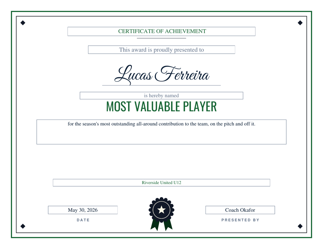 Landscape soccer award certificate naming Lucas Ferreira Most Valuable Player on the Pitch design: pitch-green double border with black diamond corners, condensed green title, script name, black and green rosette seal, Riverside United U12, date and Presented By lines