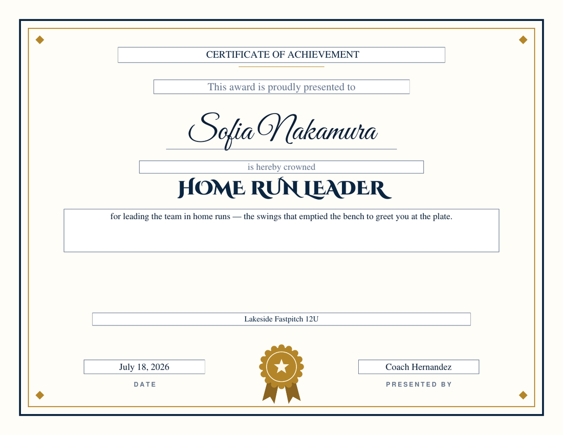 Home Run Leader softball certificate for Sofia Nakamura on the Classic design, navy and gold double rule with diamond corners, gold rosette seal, decorative engraved capitals and script name