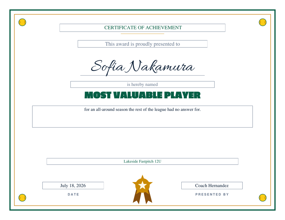 Most Valuable Player softball certificate for Sofia Nakamura on the Fastpitch design, emerald rule with optic-yellow stitched softballs in the corners and a gold star badge