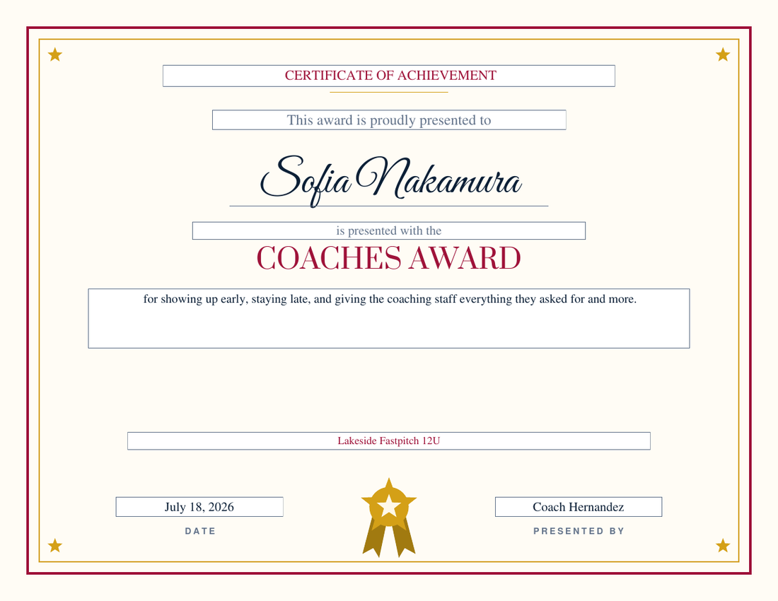 Coaches Award softball certificate for Sofia Nakamura on the Gold Star design, crimson frame with a gold inner rule and star corners, big gold star badge, serif red title and script name