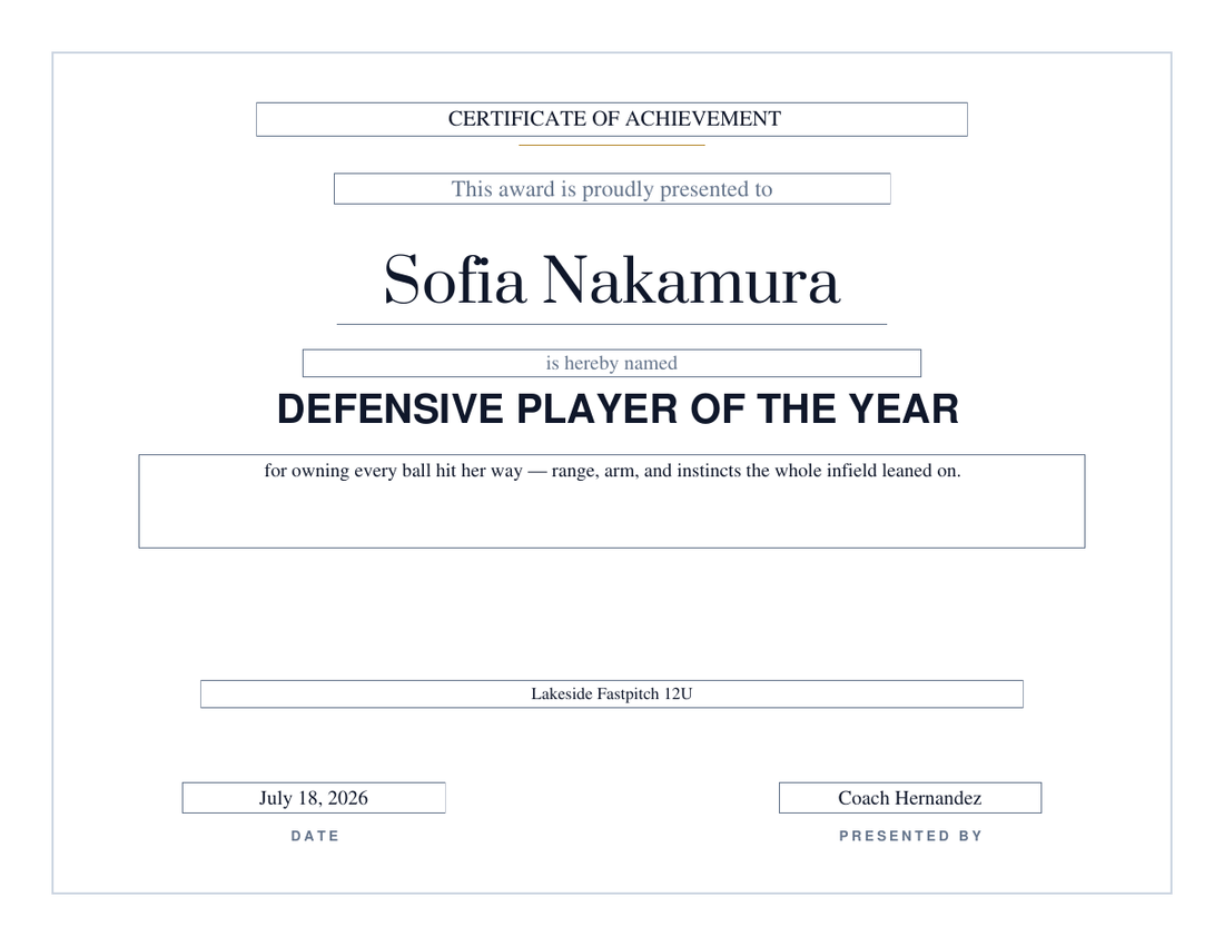 Defensive Player of the Year softball certificate for Sofia Nakamura on the Modern design, thin grey hairline frame with no seal, serif name and bold sans-serif title