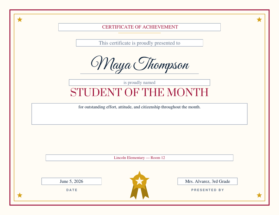 Landscape Student of the Month certificate for Maya Thompson on the Gold Star design: crimson frame with a gold inner rule and gold star corners, big gold star badge, serif red award title, flowing script name, Lincoln Elementary Room 12, date and Mrs. Alvarez on the Presented By line