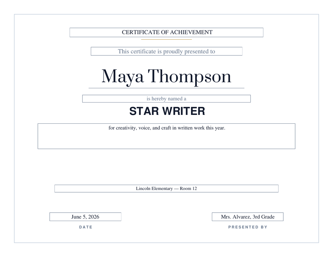 Star Writer certificate for Maya Thompson on the Modern design, thin grey hairline frame with no seal, serif name and bold sans-serif award title
