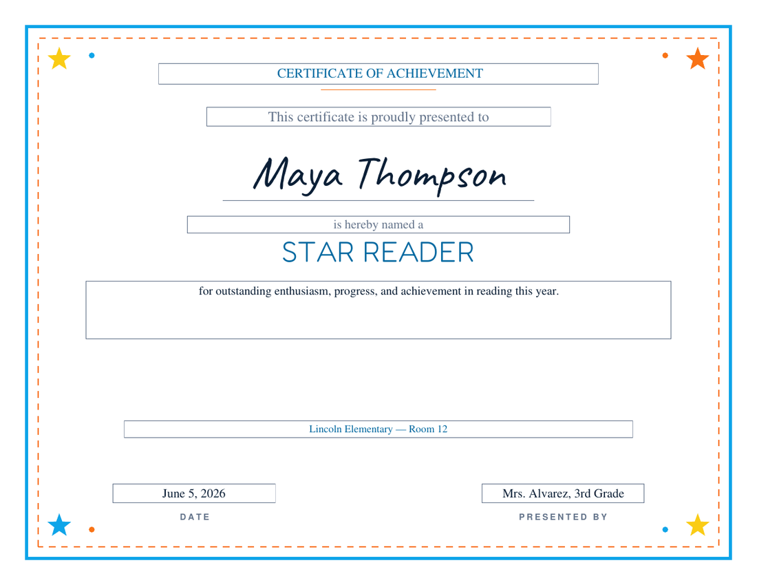 Star Reader certificate for Maya Thompson on the Playful design, sky-blue frame with an orange dashed inner rule and colored corner stars, rounded blue title lettering and handwritten-style name, no seal