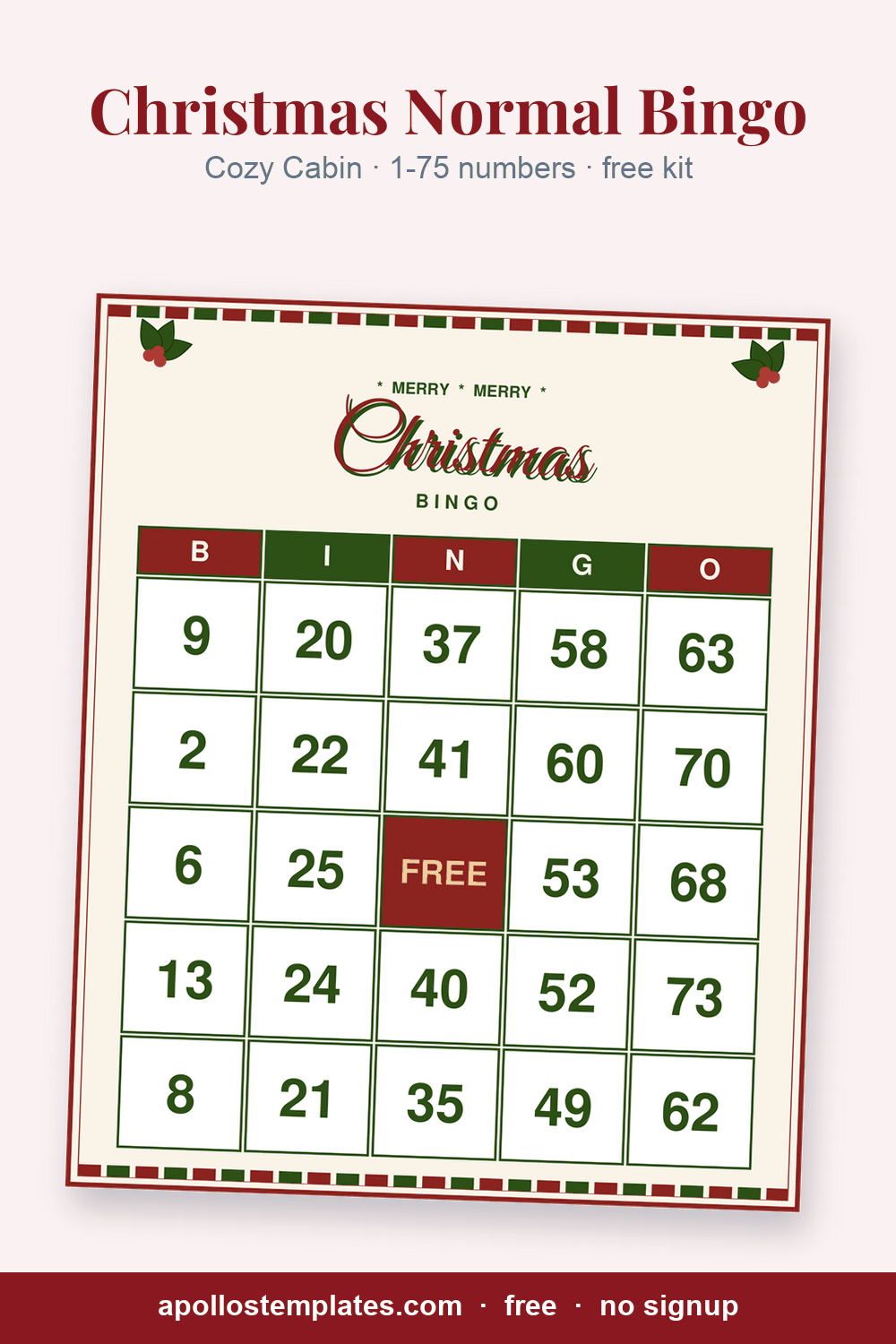 Cozy Cabin Christmas number bingo card in cream and red plaid with holly corners and 1-75 numbers
