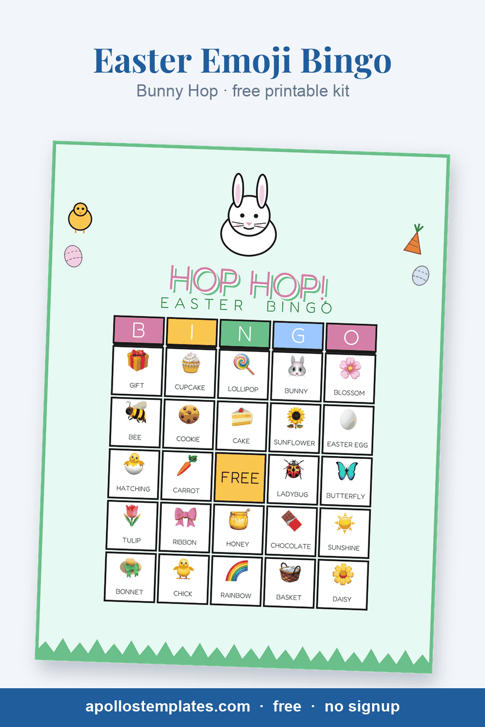 Bunny Hop Easter emoji bingo card, mint green with a big bunny, a chick, a carrot, grass and a HOP HOP! headline, with picture cells and a FREE center