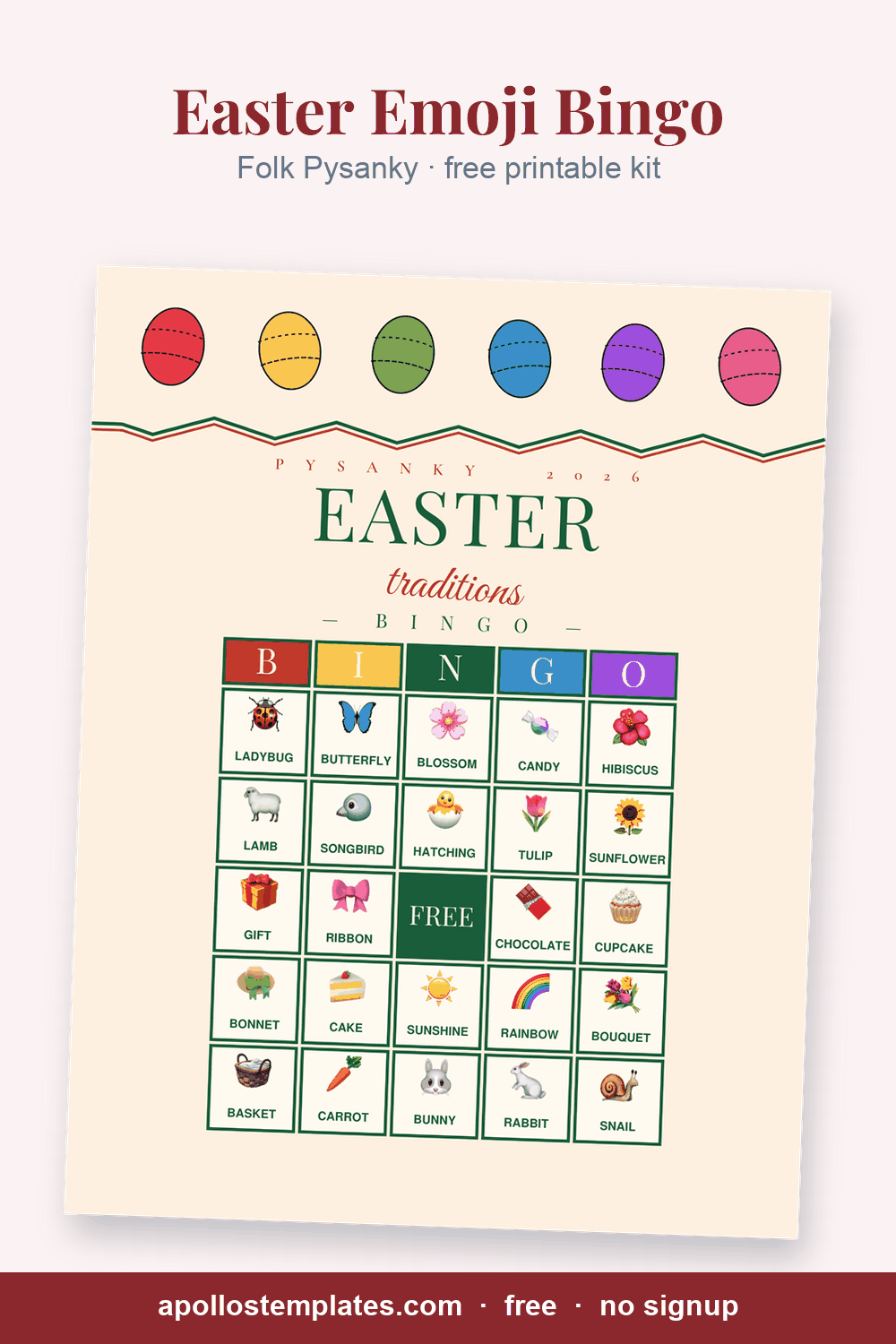 Folk Pysanky Easter emoji bingo card, six painted eggs over a zigzag folk border and a serif EASTER traditions, with picture cells and a FREE center