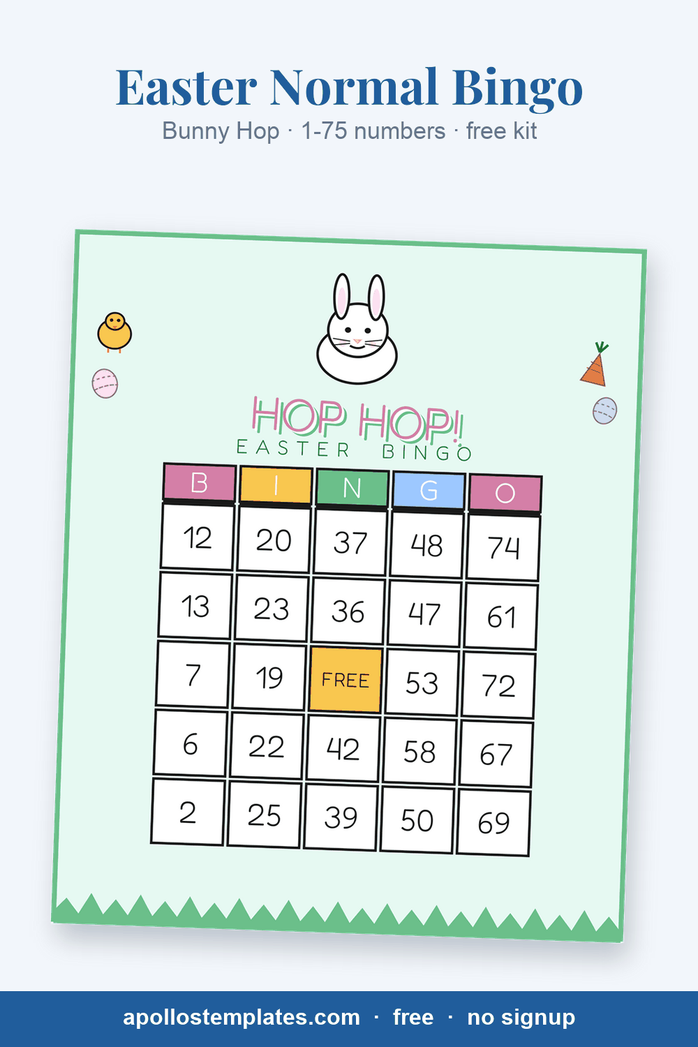 Bunny Hop Easter number bingo card, sky blue with a big bunny face, a chick and a carrot, with B-I-N-G-O columns of 1-75 numbers and a FREE center