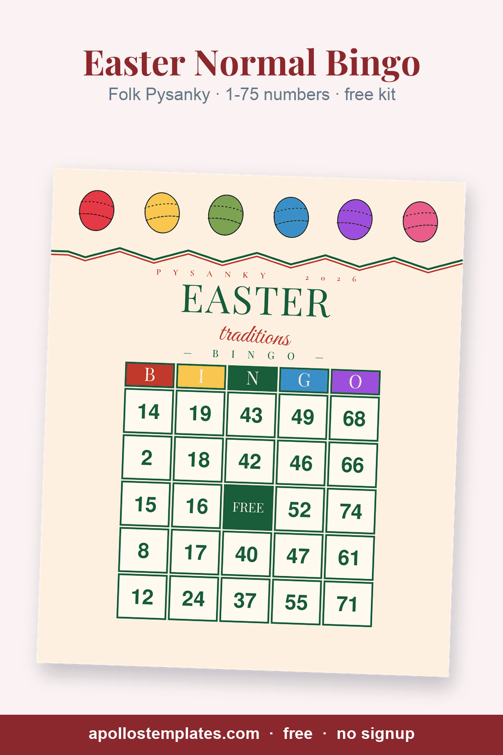 Folk Pysanky Easter number bingo card, cream with zigzag folk bands and pysanky eggs, with B-I-N-G-O columns of 1-75 numbers and a FREE center