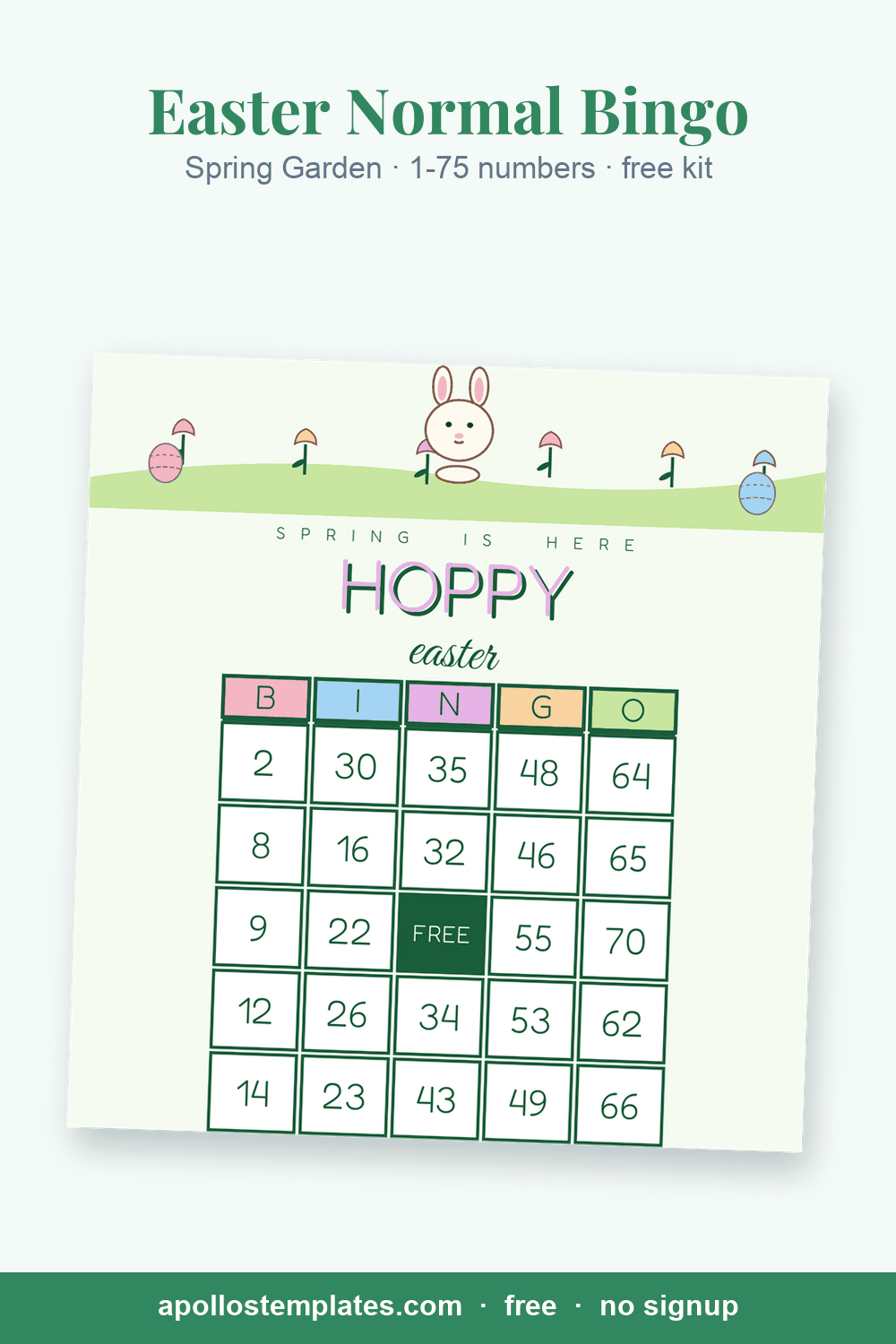 Spring Garden Easter number bingo card, mint with tulips, eggs and a meadow band, with B-I-N-G-O columns of 1-75 numbers and a FREE center