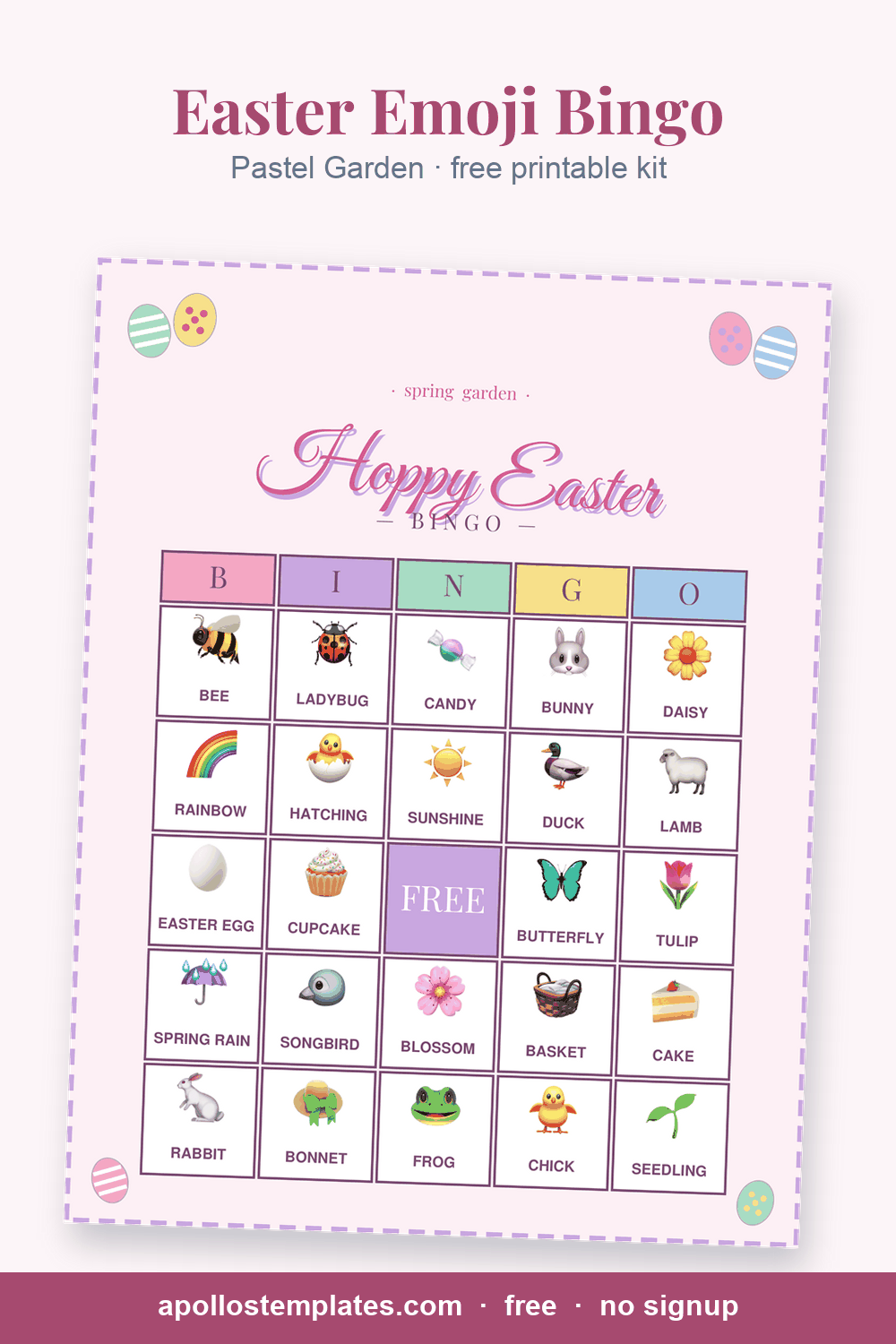 Pastel Garden Easter emoji bingo card on blush pink with a script Hoppy Easter title and egg, chick and bunny picture cells