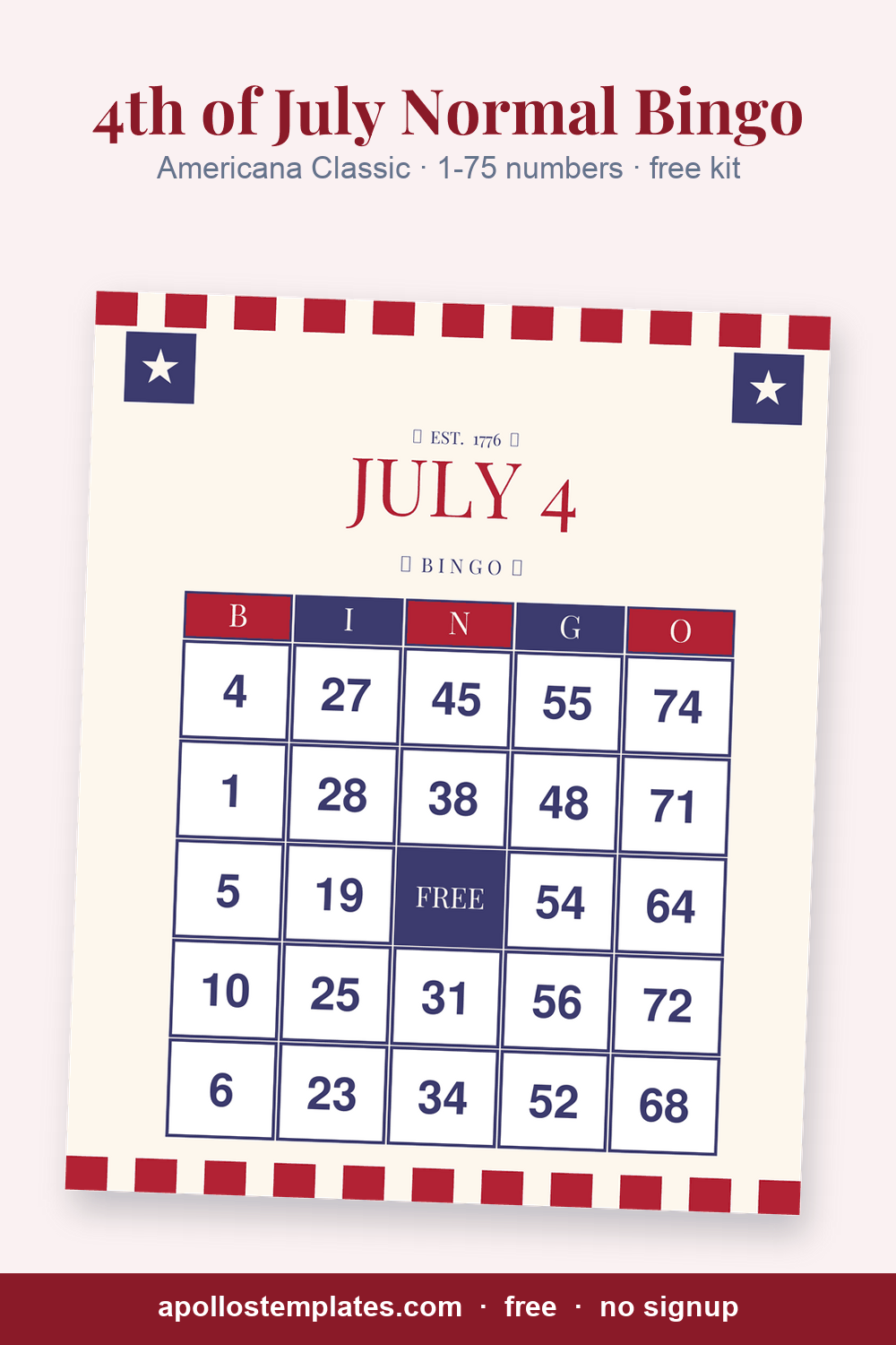 Americana Classic 4th of July number bingo card, cream with red stripe bands and navy star boxes, with B-I-N-G-O columns of 1-75 numbers and a FREE center