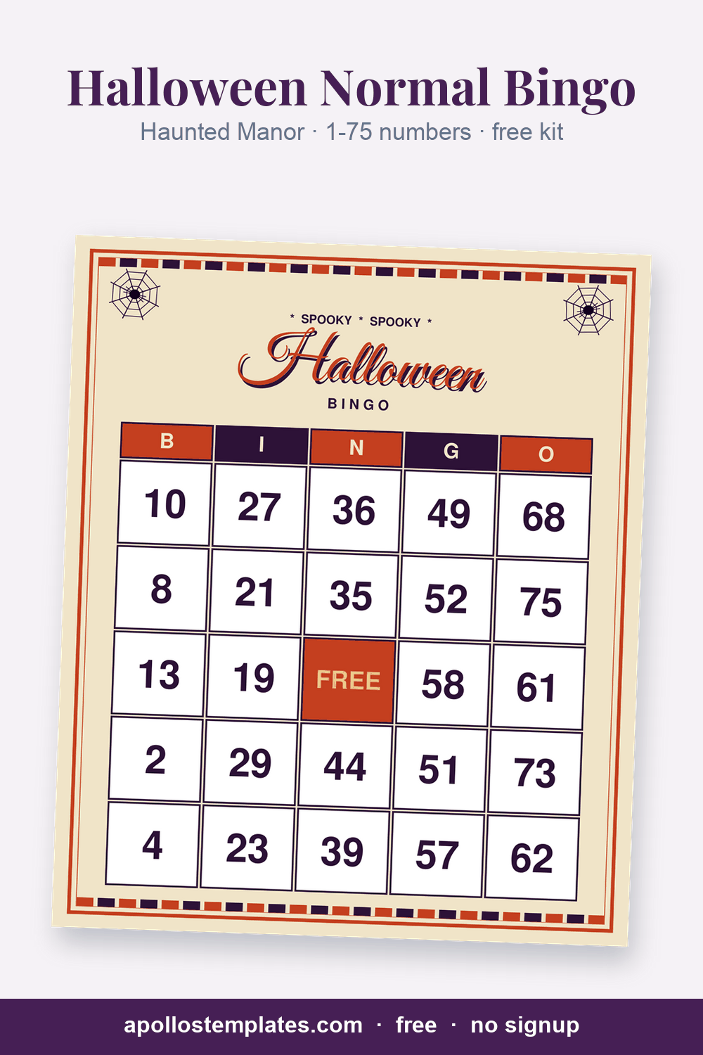 Haunted Manor Halloween number bingo card, cobweb plaid and spider sprigs in plum and blood orange, with B-I-N-G-O columns of 1-75 numbers and a FREE center