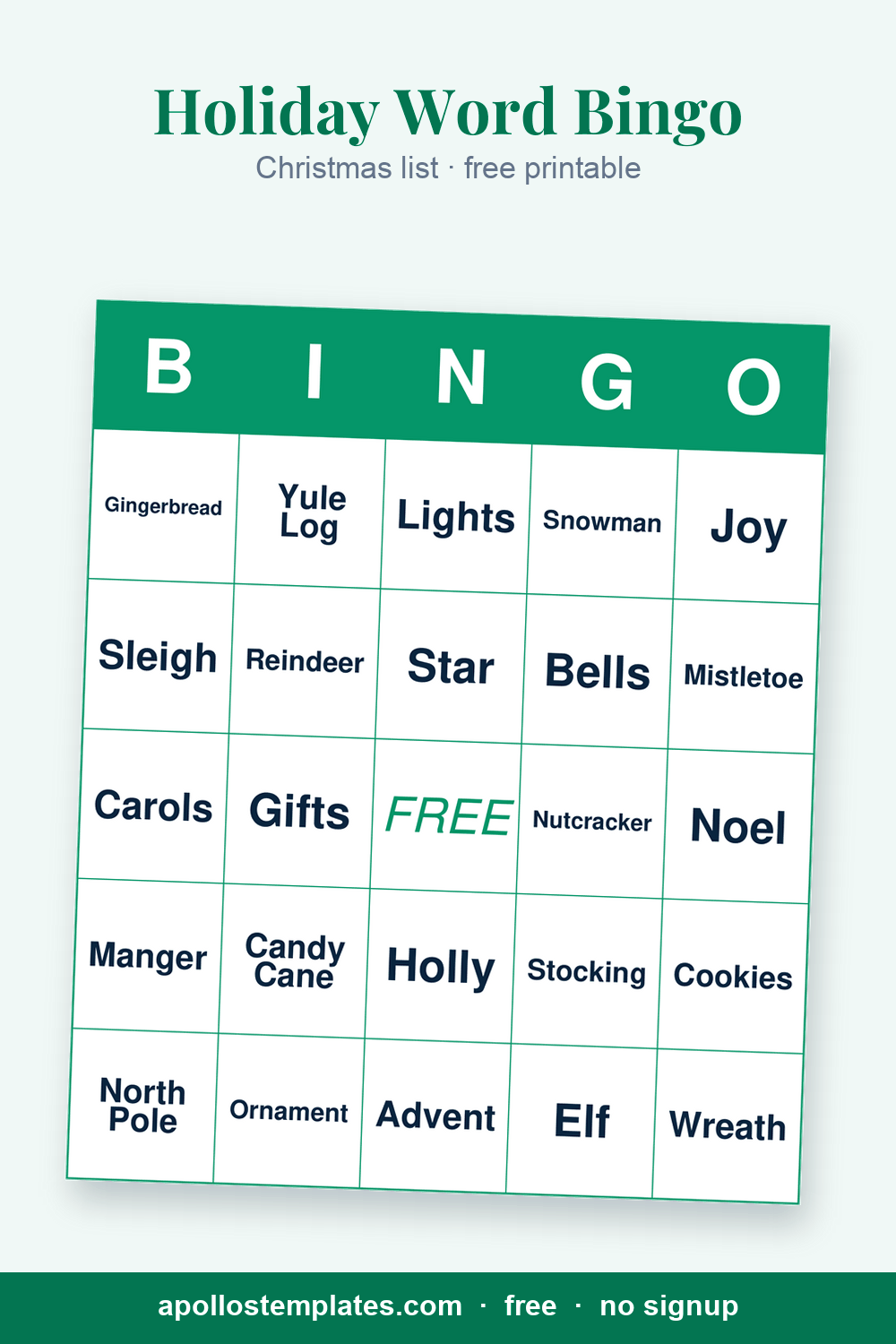 Christmas word bingo card with a green frame and cells reading Reindeer, Stocking, Candy Cane, Nutcracker and Mistletoe around an italic FREE center