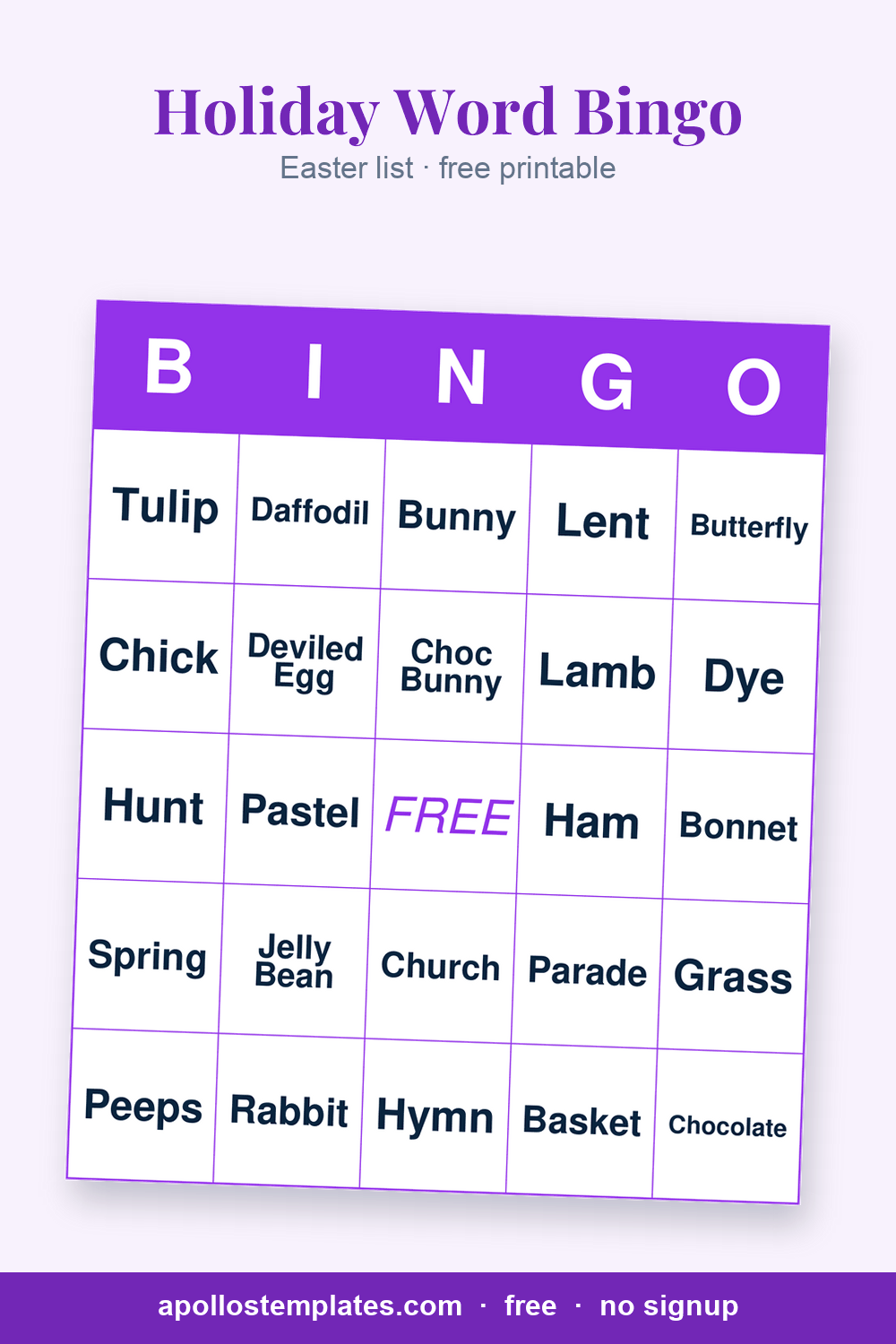 Easter word bingo card with a purple frame and cells reading Jelly Bean, Tulip, Peeps, Bunny and Daffodil