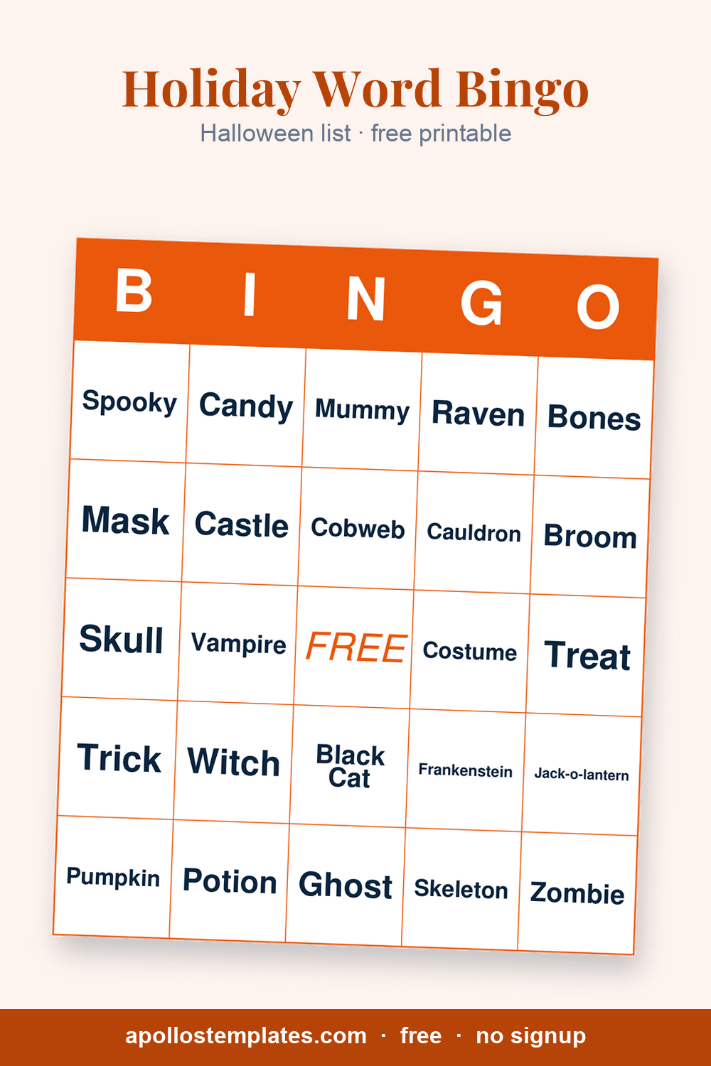 Halloween word bingo card with an orange frame and cells such as Cauldron, Werewolf, Black Cat, Cobweb and Scarecrow