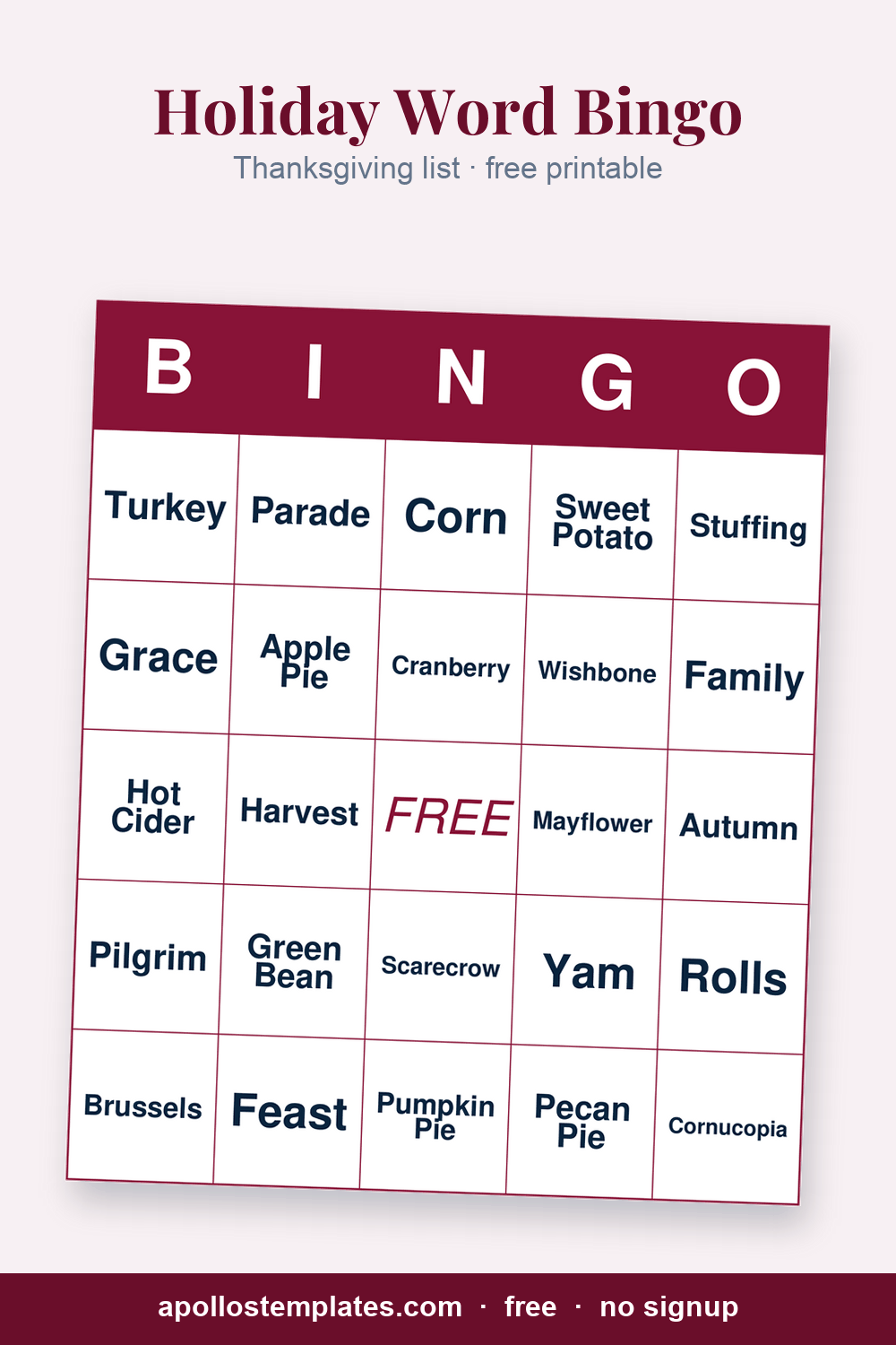 Thanksgiving word bingo card with a maroon frame and cells such as Mashed Potato wrapped on two lines, Cornucopia, Wishbone and Pumpkin Pie