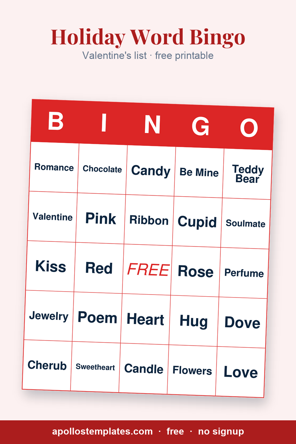 Valentine's Day word bingo card with a red frame and cells reading Cupid, Love Letter, Teddy Bear, Sweetheart and XOXO