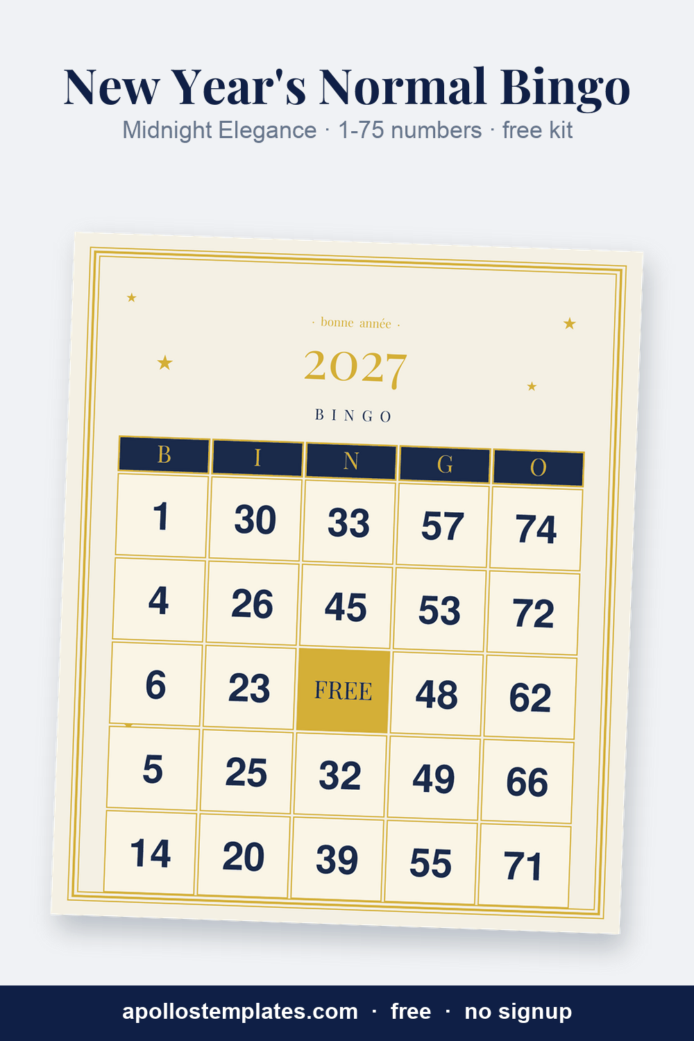 Midnight Elegance New Year's number bingo card in navy and gold with a clock face and 1-75 numbers