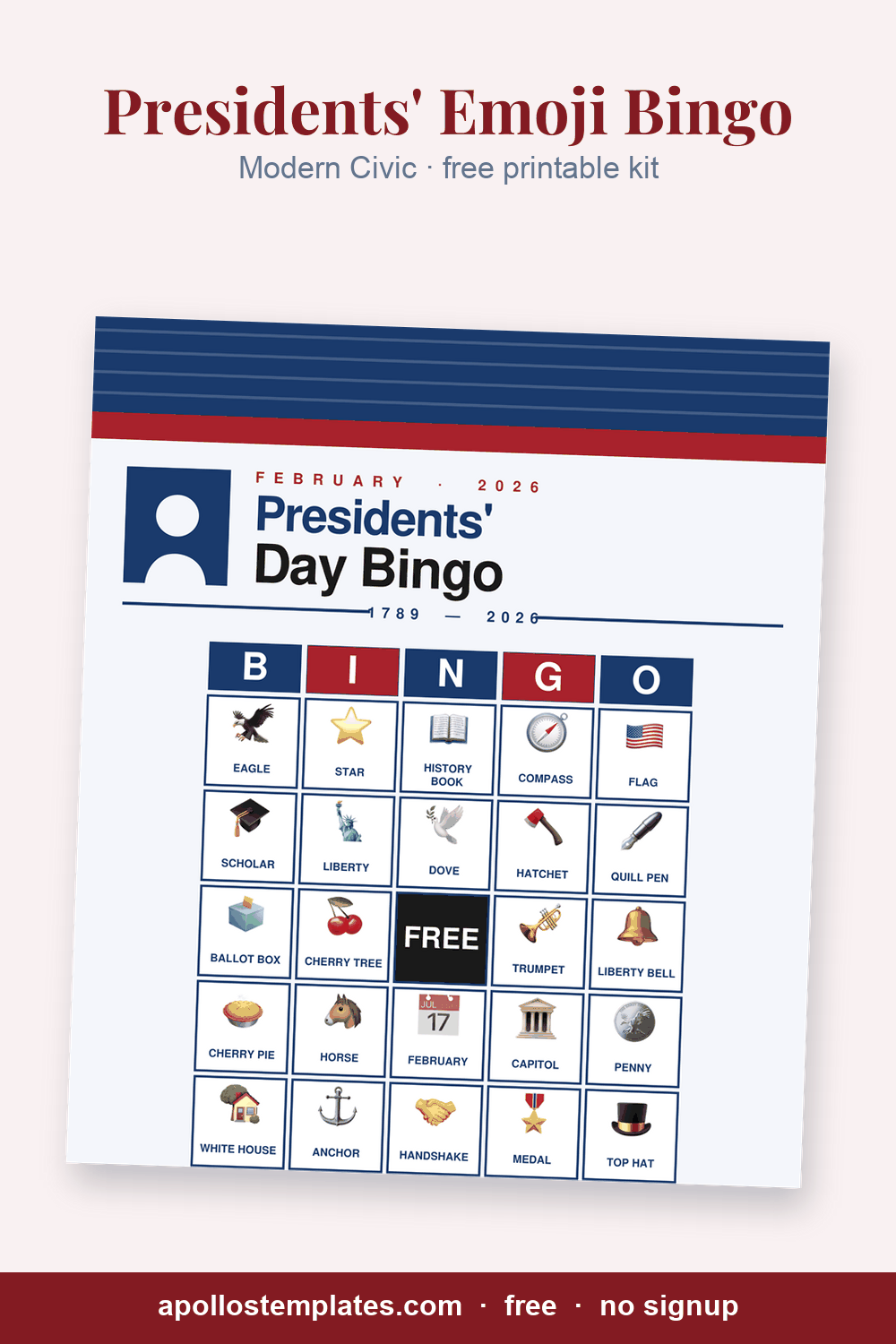 Modern Civic Presidents' Day emoji bingo card, a navy stripe block, a red band, a portrait silhouette and bold sans Presidents' Day Bingo, with picture cells and a FREE center