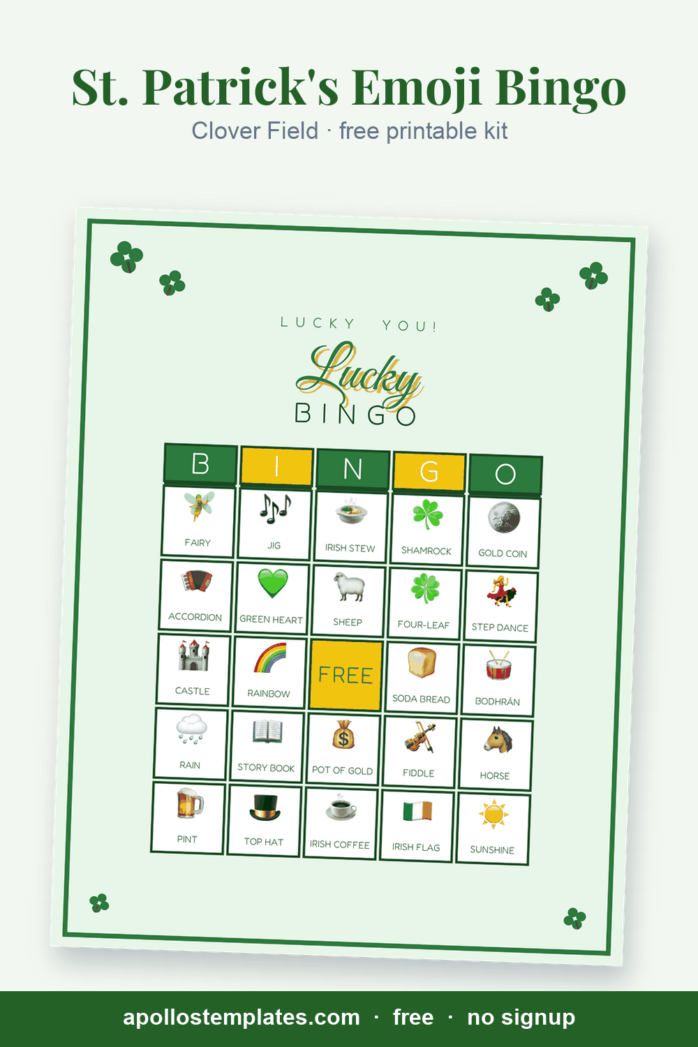 Clover Field St. Patrick's Day emoji bingo card, mint green with shamrocks scattered in the corners and a script Lucky, with picture cells and a FREE center