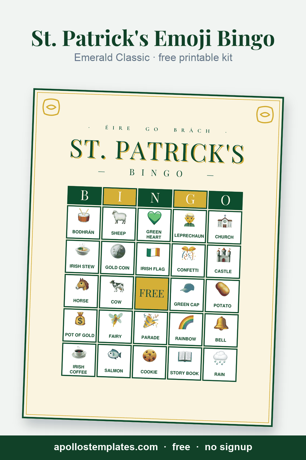 Emerald Classic St. Patrick's Day emoji bingo card, cream stock with a forest-green and gold frame, Celtic knot corners and a serif ST. PATRICK'S title, with picture cells and a FREE center