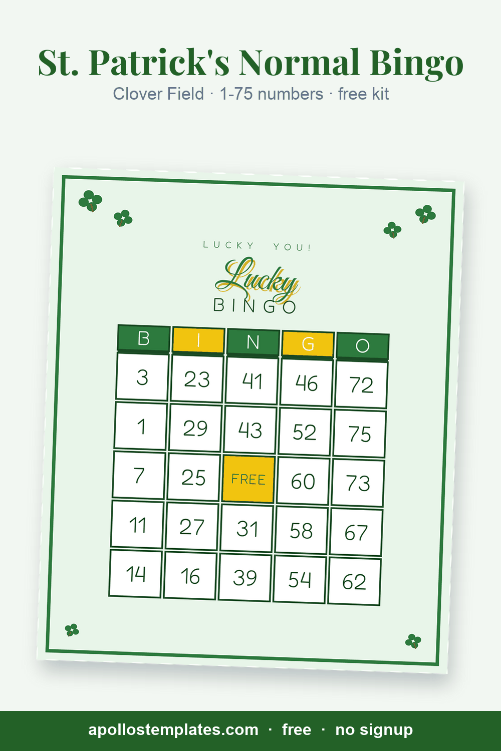 Clover Field St. Patrick's Day number bingo card, mint with clover corners and a script Lucky, with B-I-N-G-O columns of 1-75 numbers and a FREE center