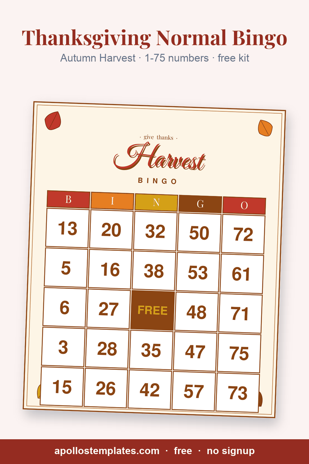 Autumn Harvest Thanksgiving number bingo card in cream with leaf corners and 1-75 numbers