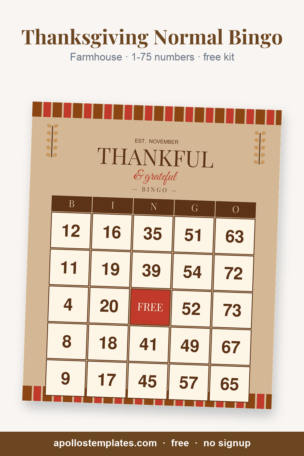 Farmhouse Thanksgiving number bingo card, kraft with plaid bands and wheat sprigs, with B-I-N-G-O columns of 1-75 numbers and a FREE center