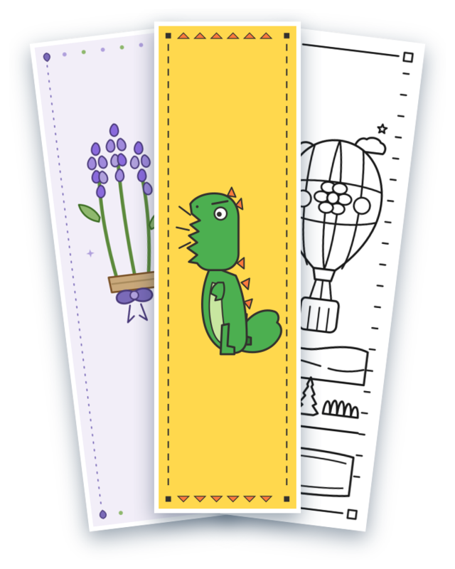 Three printable bookmarks fanned out — a yellow dinosaur, a lavender botanical, and a black-and-white hot air balloon to color