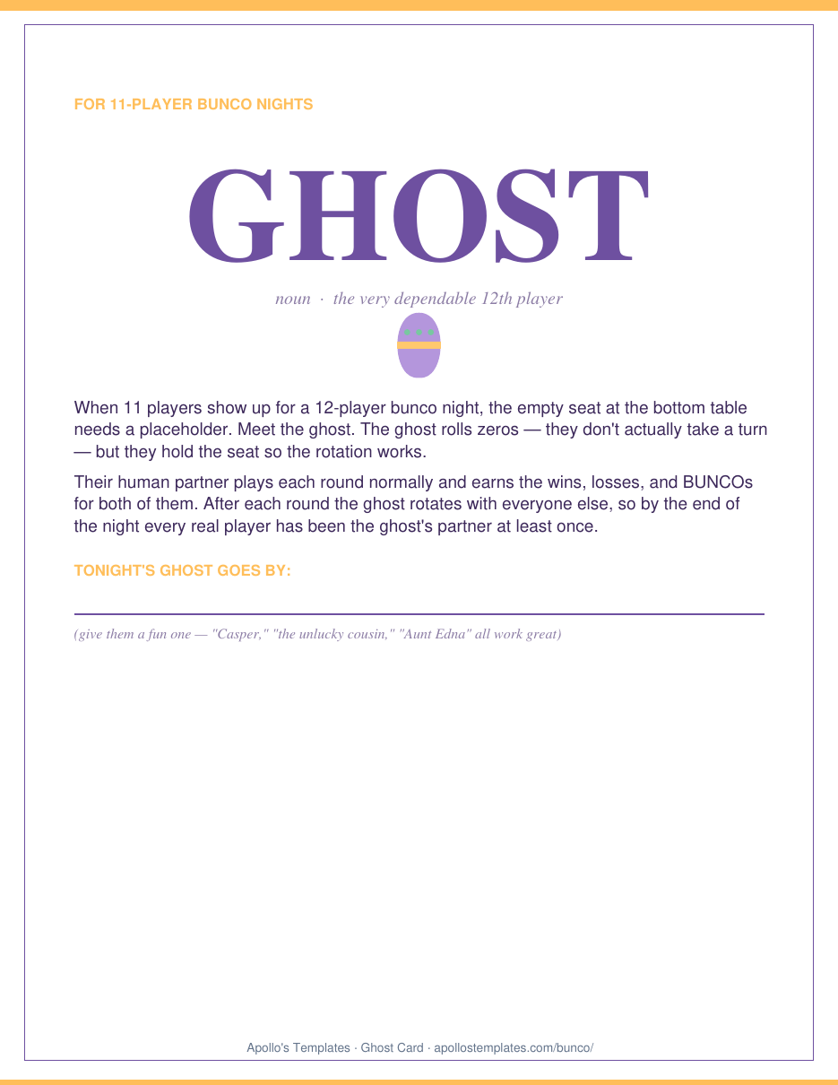 Easter bunco GHOST card for the empty seat on an 11-player night, with a write-on line for the ghost's name, printed in lavender purple and marigold with a decorated egg motif
