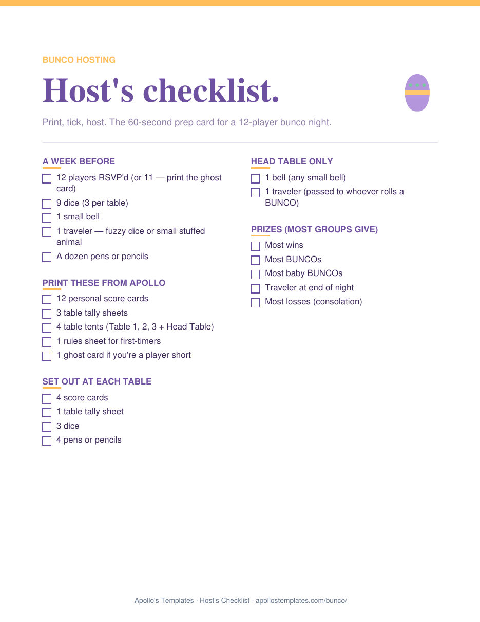 Easter bunco two-column host's checklist: a week before, print these, set out at each table, head table only, prizes, printed in lavender purple and marigold with a decorated egg motif