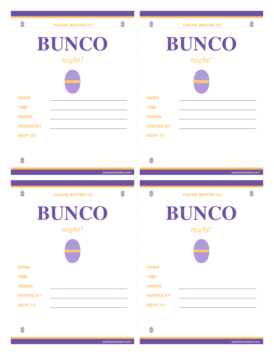 Easter bunco fill-in party invitations, four per page, with WHEN, TIME, WHERE, HOSTED BY and RSVP lines, printed in lavender purple and marigold with a decorated egg motif