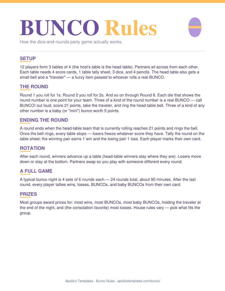 Easter bunco one-page rules sheet with six sections: setup, the round, ending the round, rotation, a full game and prizes, printed in lavender purple and marigold with a decorated egg motif
