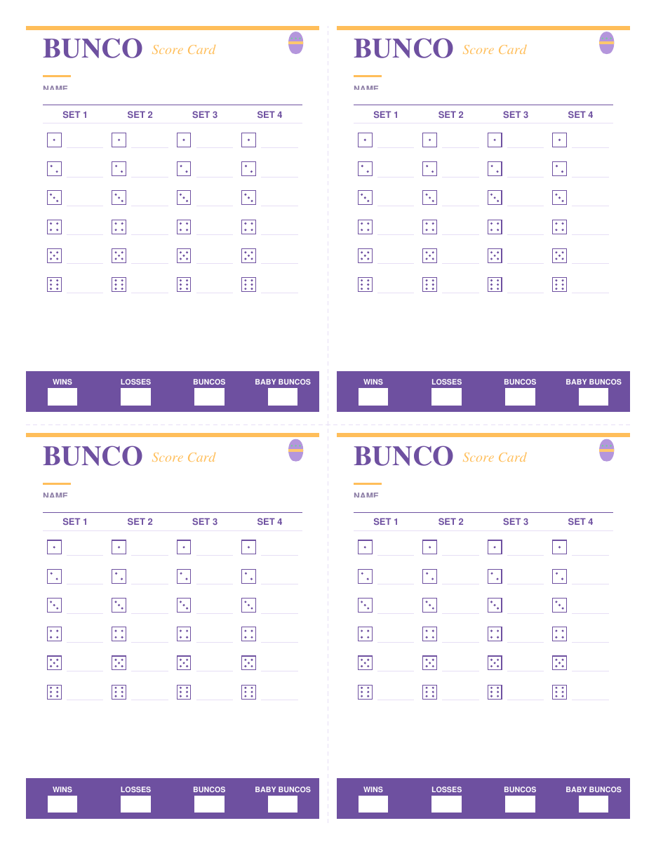 Easter bunco personal score card, four to a page, 4 sets by 6 rounds with dice icons and a Wins, Losses, BUNCOs, Baby BUNCOs tally bar, printed in lavender purple and marigold with a decorated egg motif