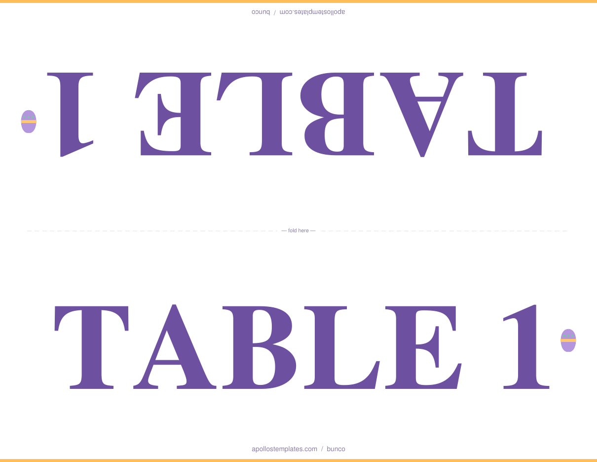 Easter bunco fold-in-half table tent reading TABLE 1, printed upside-down on the top half and upright on the bottom, printed in lavender purple and marigold with a decorated egg motif