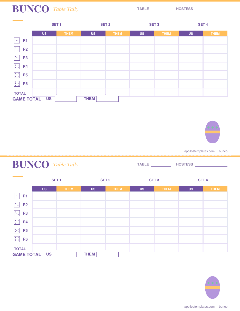 Easter bunco Us vs Them table tally, two per page, four sets by six rounds with set totals and a game total band, printed in lavender purple and marigold with a decorated egg motif