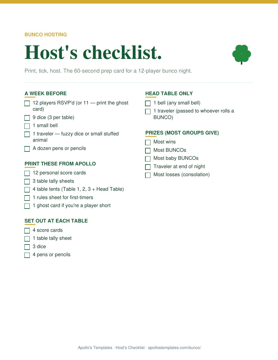 St. Patrick's Day bunco two-column host's checklist: a week before, print these, set out at each table, head table only, prizes, printed in emerald green and gold with a shamrock motif