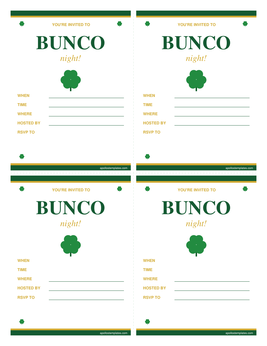 St. Patrick's Day bunco fill-in party invitations, four per page, with WHEN, TIME, WHERE, HOSTED BY and RSVP lines, printed in emerald green and gold with a shamrock motif